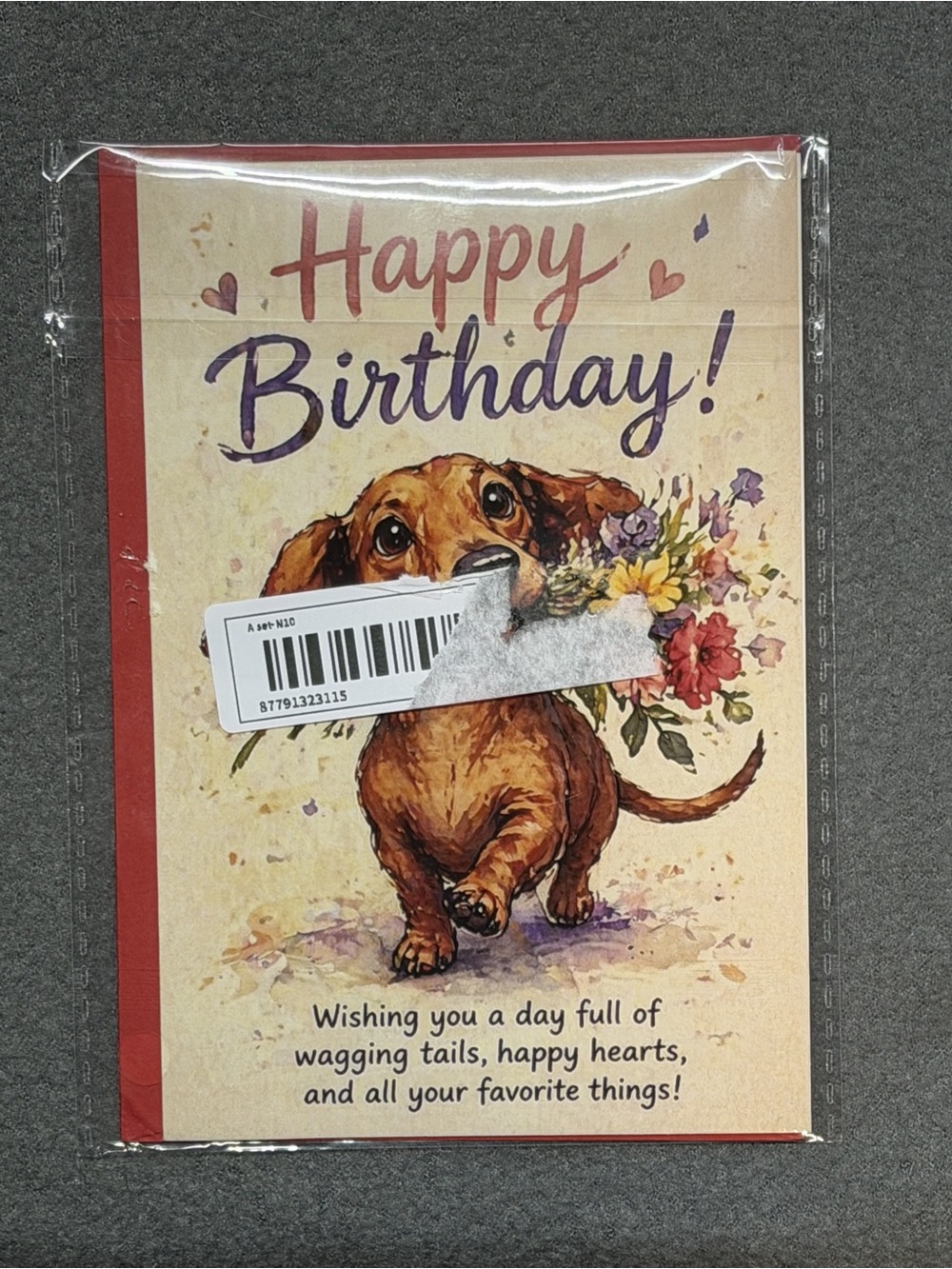 Dachshund with flowers in its mouth birthday card